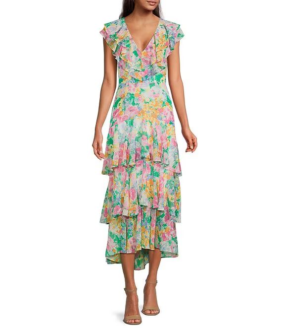 WAYFChelsea Floral Print V-Neck Cap Sleeve Ruffle Tiered Hem Dress | Dillards