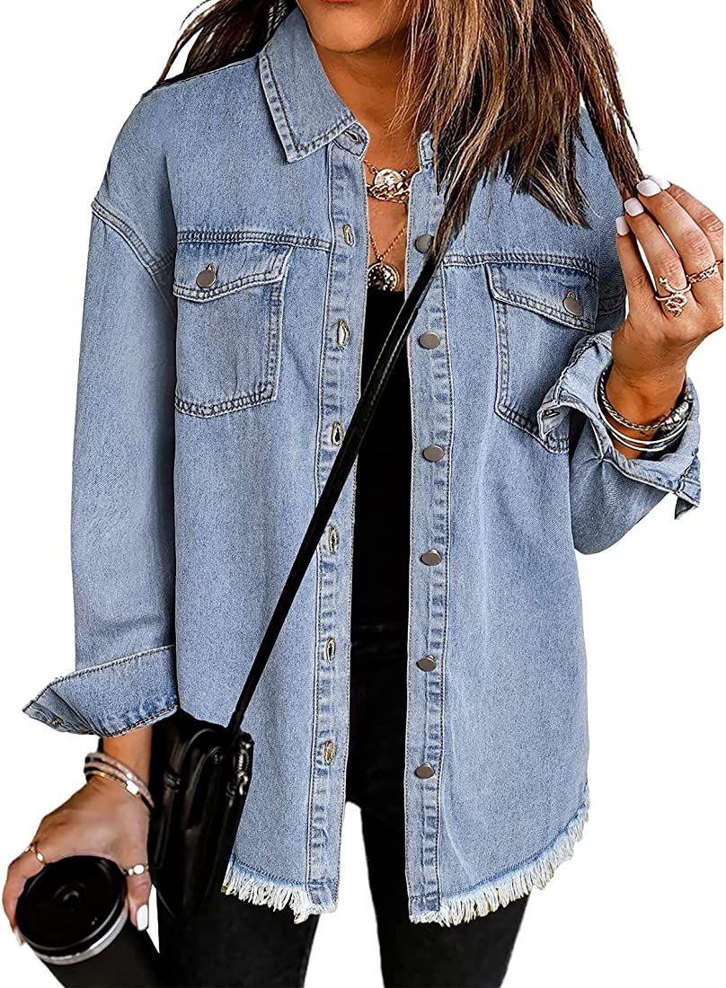 Vetinee Women’s Oversized Button Up Frayed Hem Shacket Long Sleeve Pockets Denim Jean Jacket | Amazon (US)