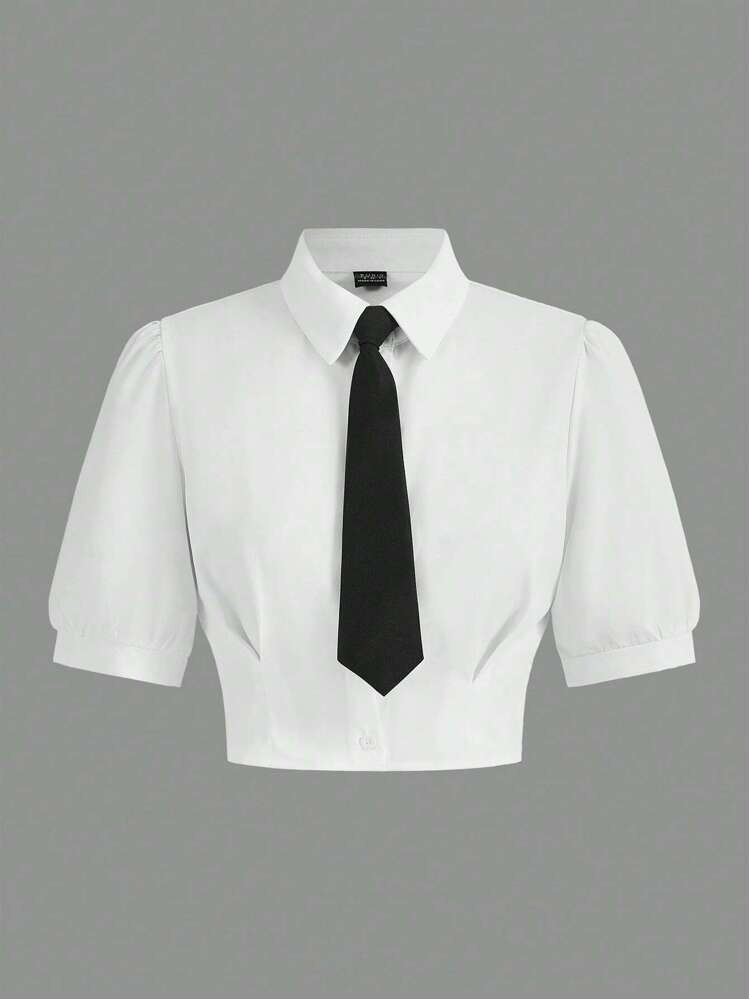 SHEIN MOD Solid Crop Shirt With Tie,Short Sleeve Tops, Graduation | SHEIN