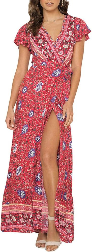 ZESICA Women's Bohemian Floral Printed Wrap V Neck Short Sleeve Split Beach Party Maxi Dress | Amazon (US)