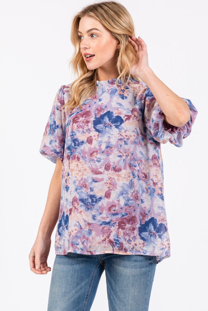 Blue Floral Puff Sleeve Blouse | PinkBlush Maternity
