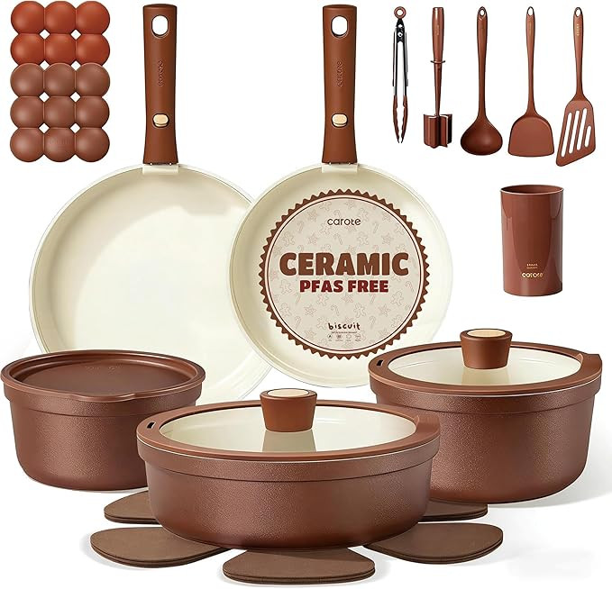 CAROTE 22Pcs Ceramic Cookware Set, Pots and Pans Set Non Stick Removable Handles, Non Toxic Cookw... | Amazon (US)