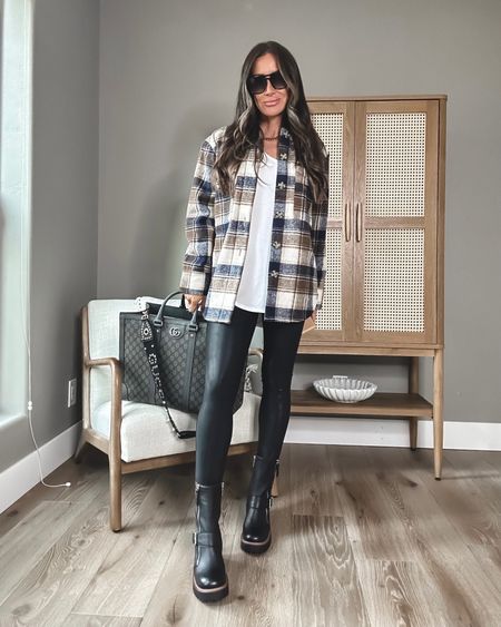 Fall outfit idea
Plaid shacket faux leather leggings 
Favorite boots…tts and waterproof
Gucci tote 
Spanx use code KimXSpanx 
Tarte use code KIM
#ltkfind 



#LTKover40 #LTKstyletip #LTKSeasonal