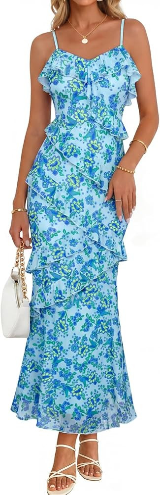 MEROKEETY Spring Summer Floral Wedding Guest Maxi Dress Womens 2026 Formal Bodycon Ruffle Spaghet... | Amazon (US)