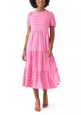 Crown & Ivy Women's Puff Sleeve Striped Midi Dress, Pink, X-Large | Belk