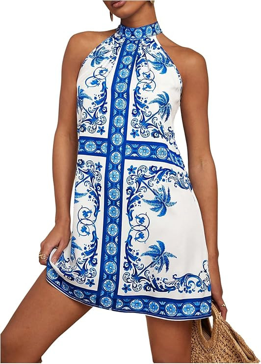 Floerns Women's Sleeveless Floral Print Sundress Halter Neck A Line Short Dress | Amazon (US)