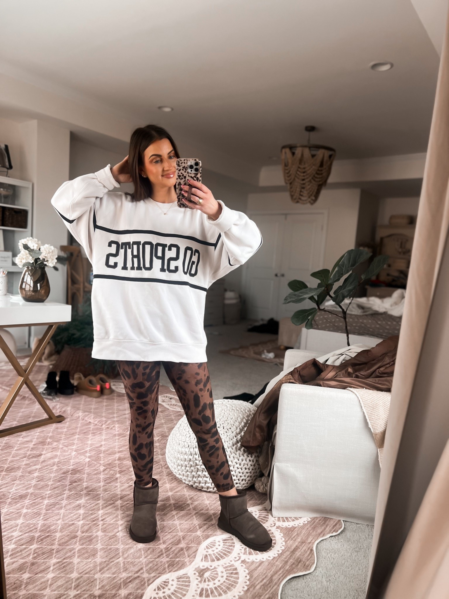 Cream Go Sports sweatshirt-large
Brown leopard leggings
Brown Ugg boots 