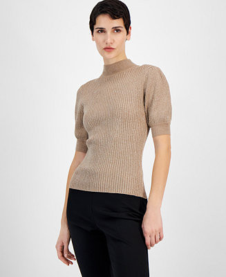 Women's Metallic Mock-Neck Elbow-Sleeve Top | Macy's