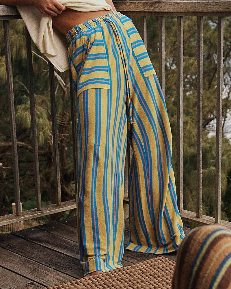 codcm Women Drawstring Striped Pants Casual Palazzo Pants Y2k Wide Leg Lounge Pants with Pockets | Amazon (US)
