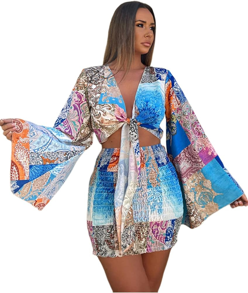 LYANER Women's 2 Piece Outfits Tie Knot Front Bell Long Sleeve Crop Top and Mini Skirt Set | Amazon (US)