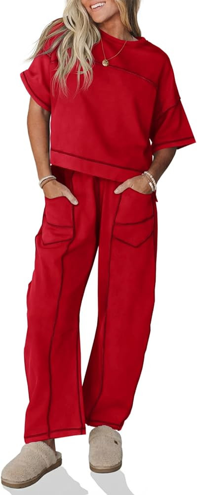 Fisoew Womens 2 Piece Outfits Lounge Sets Short Sleeve Tops and Wide Leg Pants Travel Vacation Ca... | Amazon (US)