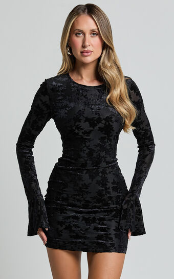 Paula Mini Dress - Burnout Flounce Sleeve Bodycon Dress in Black | Showpo (US, UK & Europe)