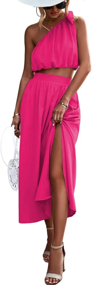 Umenlele Women's 2 Piece Outfits Tie Knot One Shoulder Tank Top High Waist Side Split Maxi Skirt | Amazon (US)
