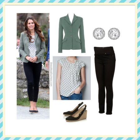 Kate Middleton Ralph Lauren estate jacket, jigsaw blouse, pied wedges, Kiki white topaz earrings 