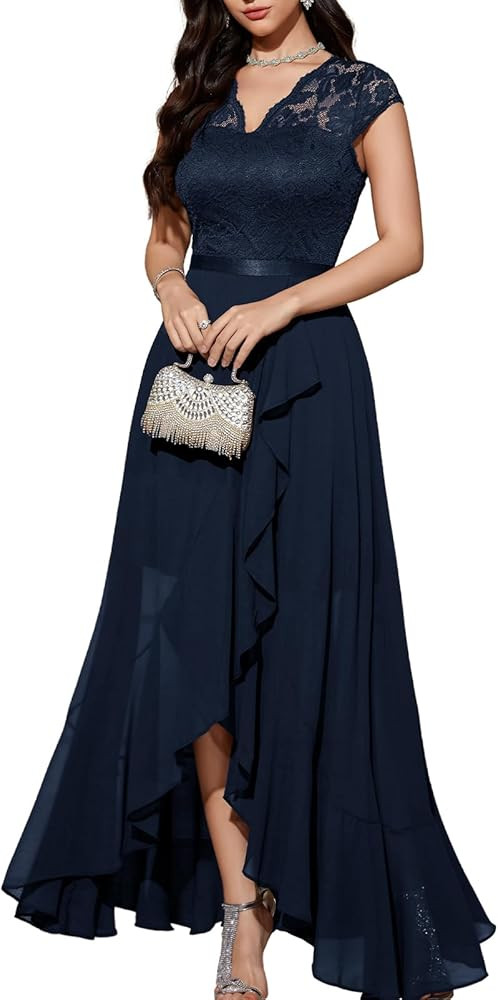 Bbonlinedress Women's V-Neck Dress for Women Wedding Guest Hi-Lo Floral Lace Prom Cocktail Party ... | Amazon (US)