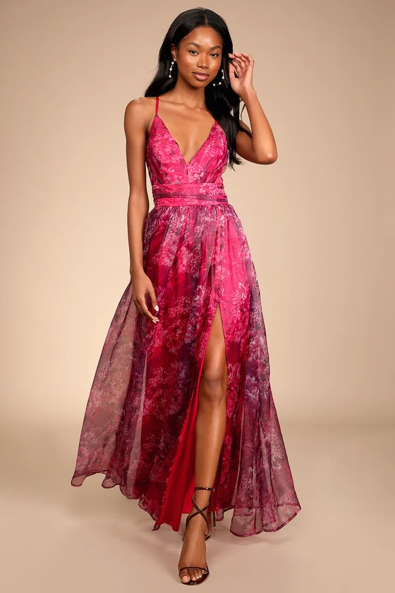 Romance That Wows Magenta Floral Print Organza Maxi Dress, Special Occasion Dress, Wedding OOTD  | Lulus