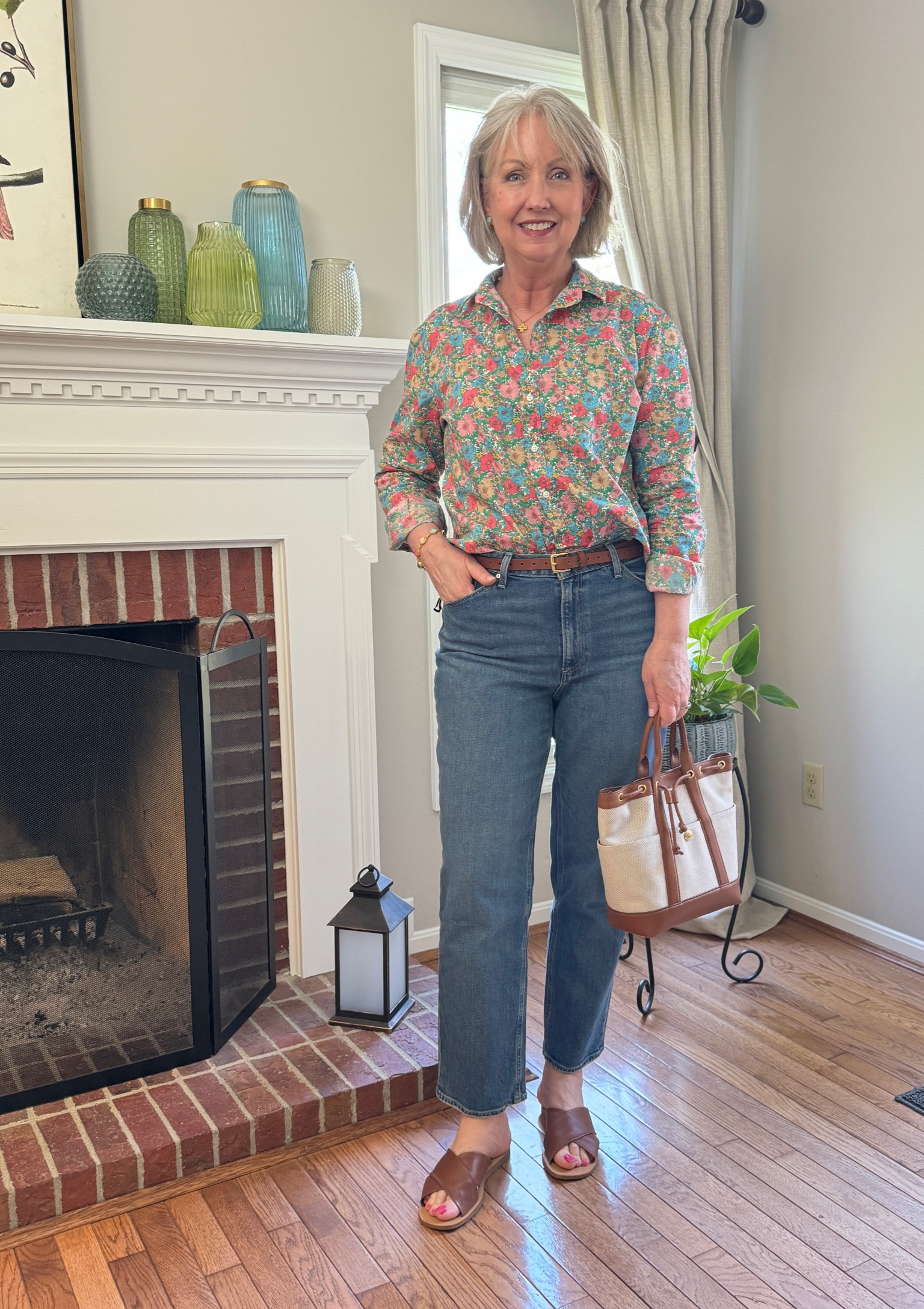 My absolute FAVORITE OUTFIT!! I could live every day in this Liberty of London print shirt by @frankandeileen and my new @paige jeans. Add cognac accessories for the win!🏆 Everything is true to size per the size charts on the websites  

#LTKSeasonal #LTKover40 #LTKmidsize