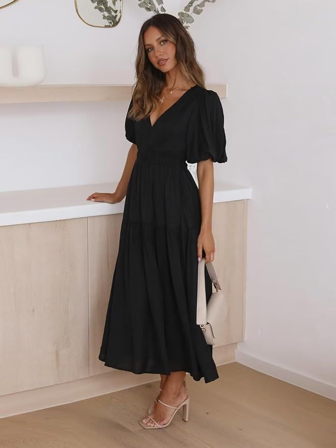Women’s 2024 Summer Causal Dress Puff Sleeve V Neck A-line Solid Flowy Tiered Midi Dresses | Amazon (US)