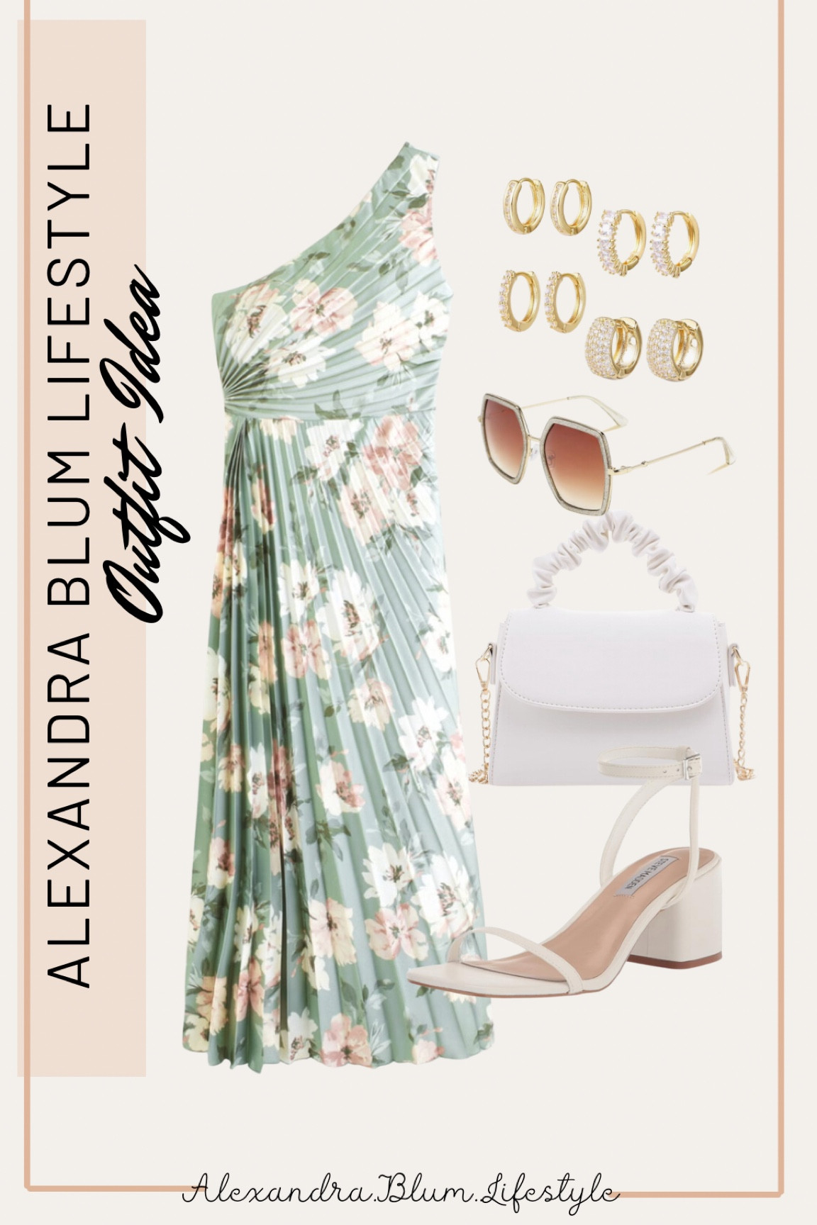 Best dressed wedding guest for spring from Abercrombie! Cute pleaded one shoulder satin pastel floral dress, white handbag purse, sunglasses, white heels, and gold earrings.

#LTKparties #LTKwedding #LTKfindsunder100