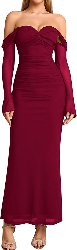 KUTUMAI Off Shoulder Long Sleeve Formal Dress Elegant Bodycon Ruched Cocktail Wedding Guest Dress... | Amazon (US)