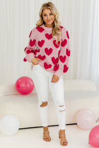I'll Be There Pink Fuzzy Heart Sweater | Pink Lily