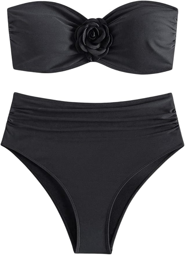 OYOANGLE Women's 3D Flower Ruched Strapless Bandeau Swimsuit Two Piece Mid Rise Bathing Suits | Amazon (US)