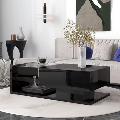 NicBex Modern Coffee Table, Tempered Glass, High-Gloss UV Surface, 2-Tier Rectangle, Black | Target