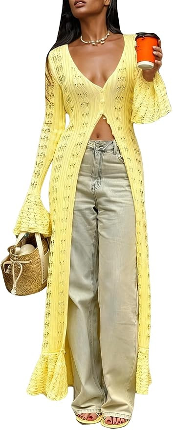 LETSVDO Womens Long Crochet Cardigan Bell Sleeve Ruffle Knit Hollow Out Lightweight Duster Sweate... | Amazon (US)