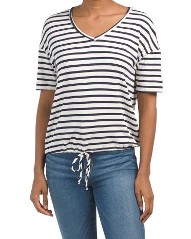 Made In Usa Short Sleeve Ruched Sleeve V-neck Striped Top | TJ Maxx
