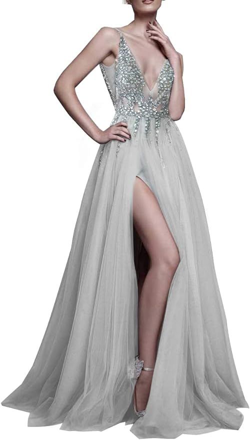 Prom Dresses Sexy Deep V Neck Sequins Beads Tulle and Lace High Split Long Evening Dresses Bridal... | Amazon (US)