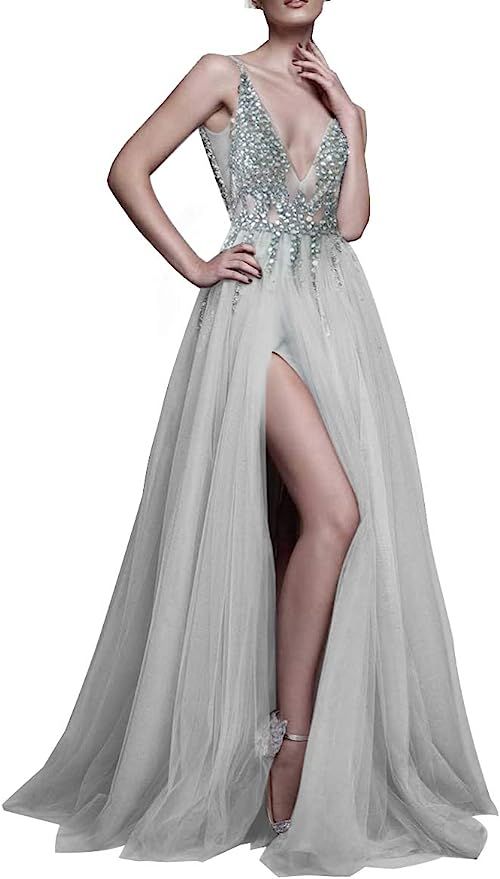 Prom Dresses Sexy Deep V Neck Sequins Beads Tulle and Lace High Split Long Evening Dresses Bridal... | Amazon (US)