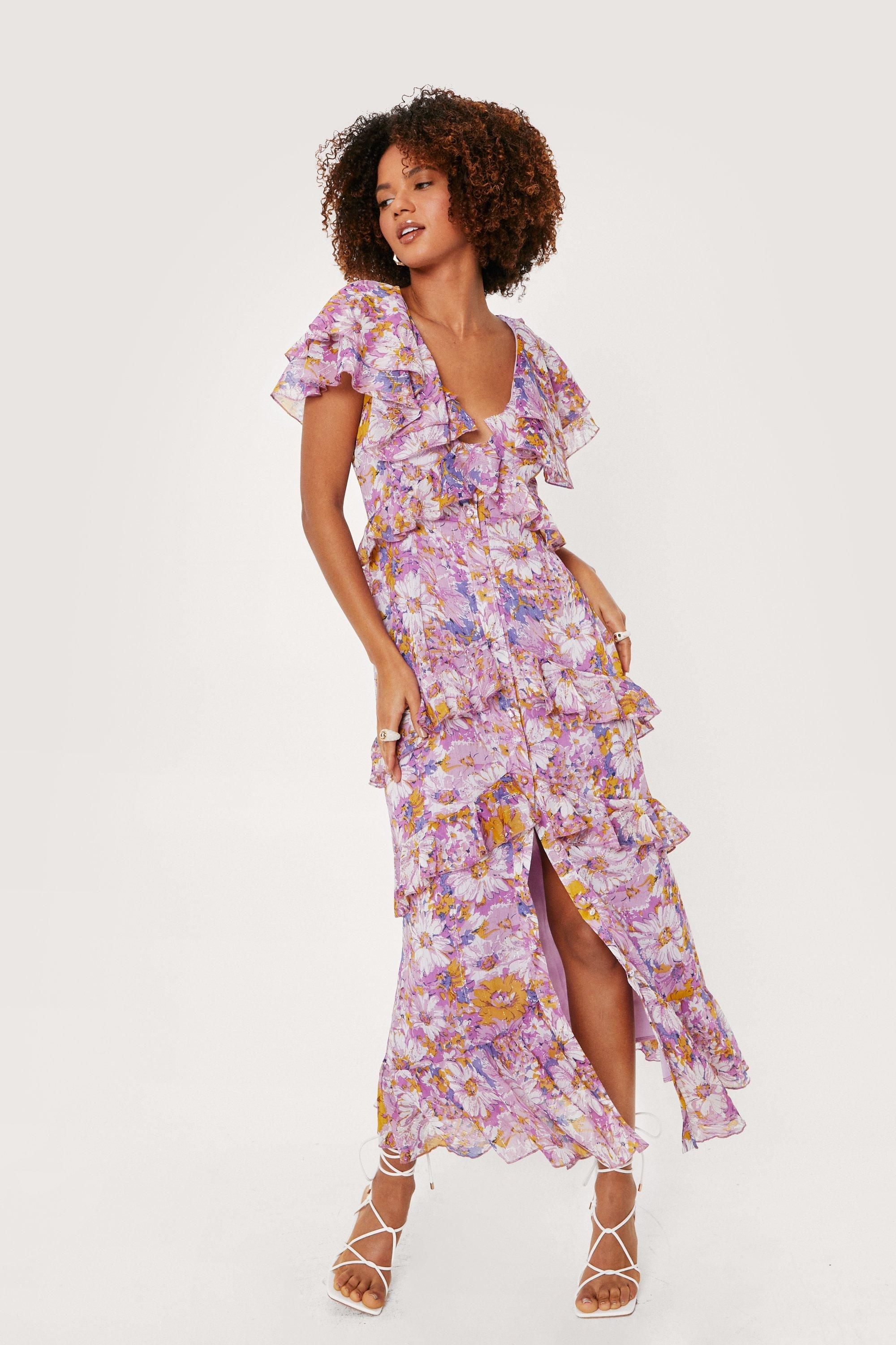 Pastel Floral Button Frill Detail Maxi Dress | Nasty Gal (US)