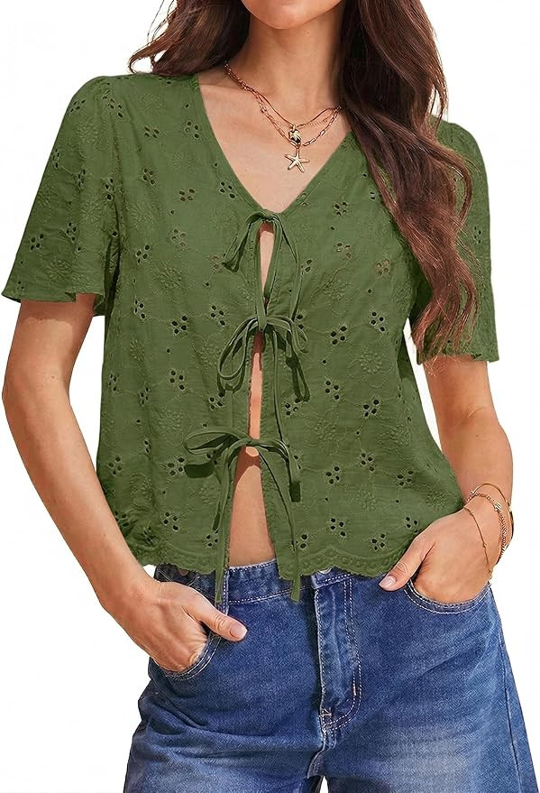 Totatuit Womens Cotton Tie Front Tops Boho V Neck Eyelet Shirt Embroidery Cute Summer Beach Vacat... | Amazon (US)
