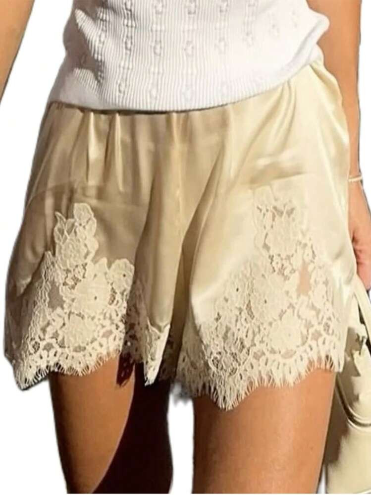 Women Satin Silk Shorts Lace Trim Patchwork Mini Micro Shorts Silky Low Rise Coquette Lounge Slip Bottoms | SHEIN