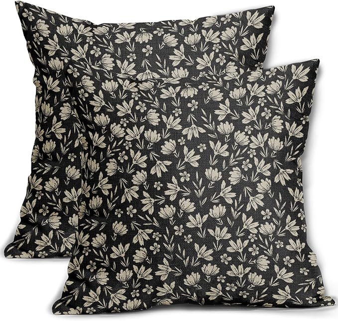 Vintage Flower Pillow Covers 20x20 Set of 2 Black Brown Floral Block Print Rustic Decorative Thro... | Amazon (US)