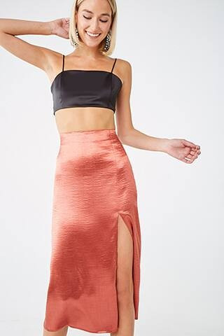 Forever 21 Satin High-Slit Skirt , Rust | Forever 21 (US)