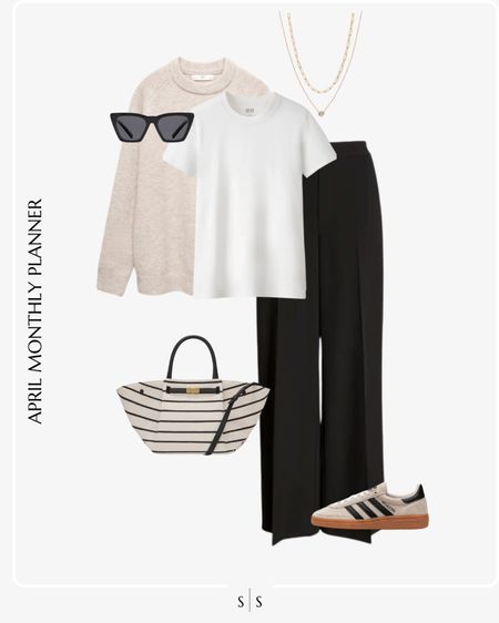 Monthly outfit planner: APRIL: Spring looks | neutral sweater, white tee, black trouser, sneakers, striped tote

See the entire calendar on thesarahstories.com ✨ 


#LTKstyletip