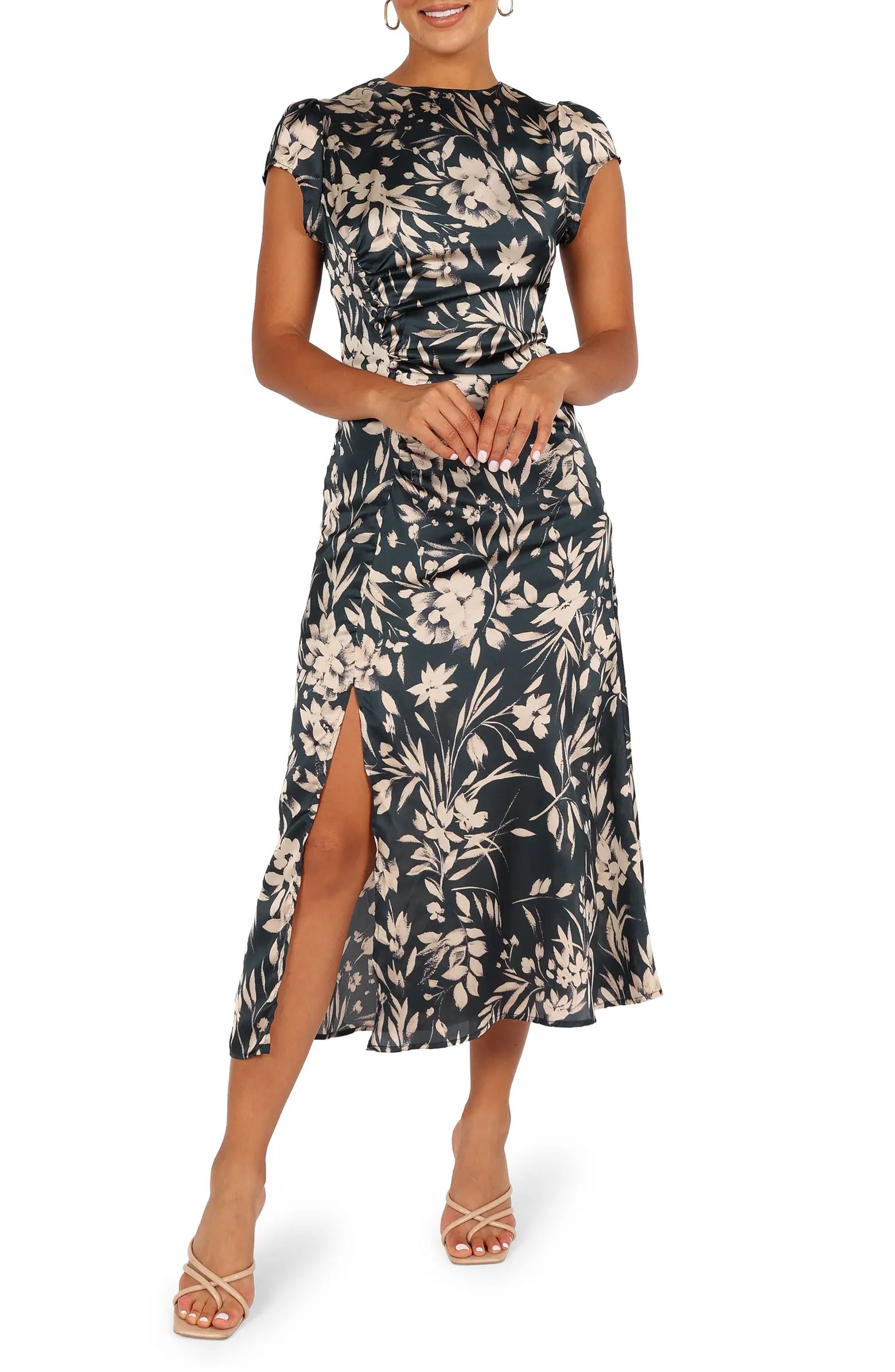 Lisbeth Floral Cap Sleeve Satin Midi Dress | Nordstrom