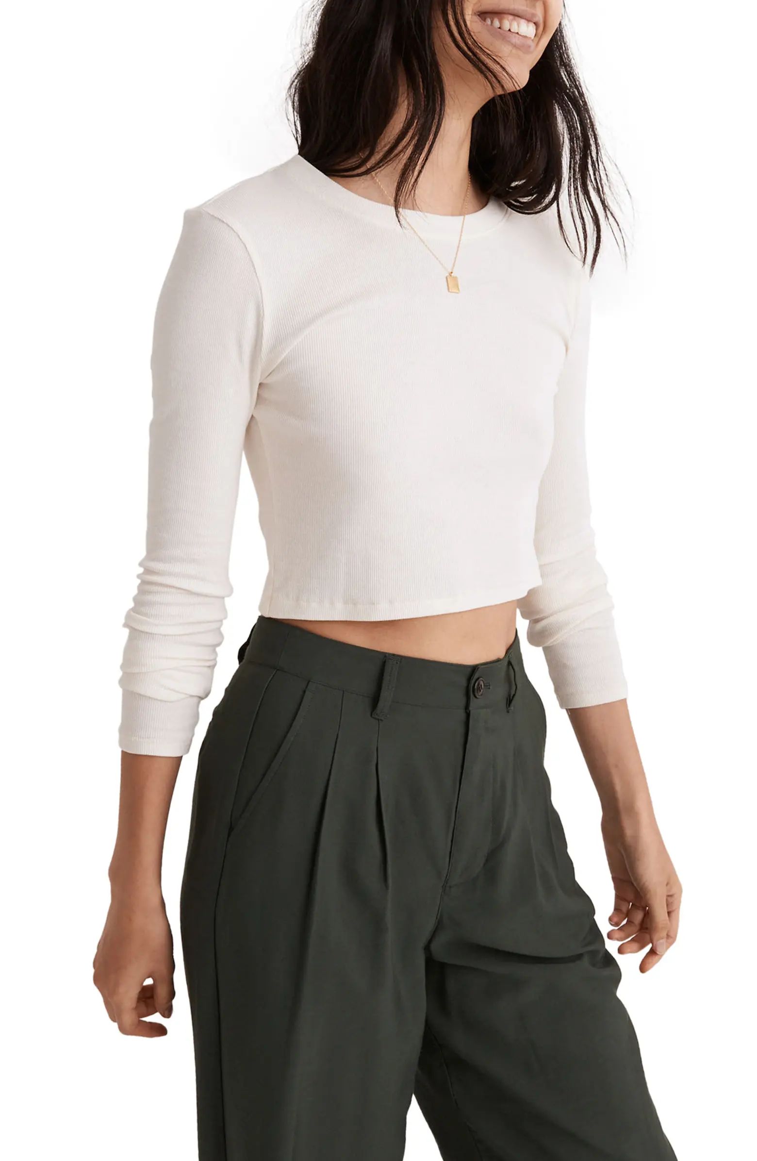 Fine Ribbed Supercrop Crewneck Long Sleeve T-Shirt | Nordstrom