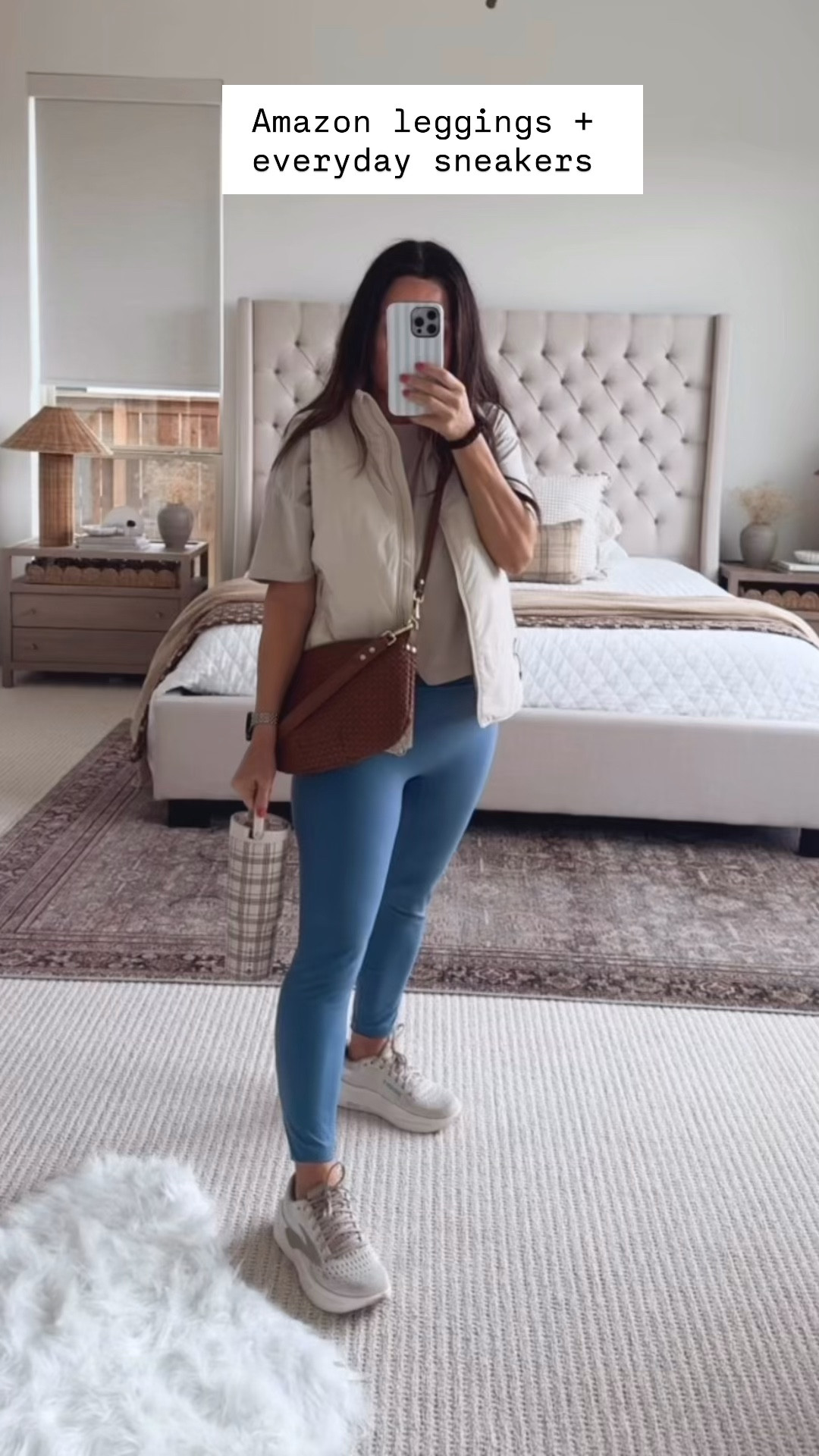 Easy everyday athleisure outfit I wear on repeat. These Amazon blue leggings are one of my favorite affordable activewear finds — super comfortable, flattering, and perfect for running errands, casual days, or travel outfits. I styled them with a neutral tee, lightweight vest, and everyday sneakers for a simple capsule wardrobe look. Also sharing my @Quince woven crossbody bag that I’ve been carrying nonstop lately. This casual athleisure outfit is an easy everyday style idea if you love comfortable outfits that still look put together. Easy everyday athleisure outfit with Amazon leggings I wear on repeat. @Vuori US 

#LTKootd #LTKmorningroutine #LTKActive