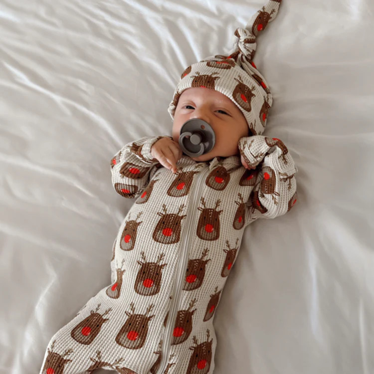 Organic Waffle Basic Zip Footie, Reindeer | SpearmintLOVE