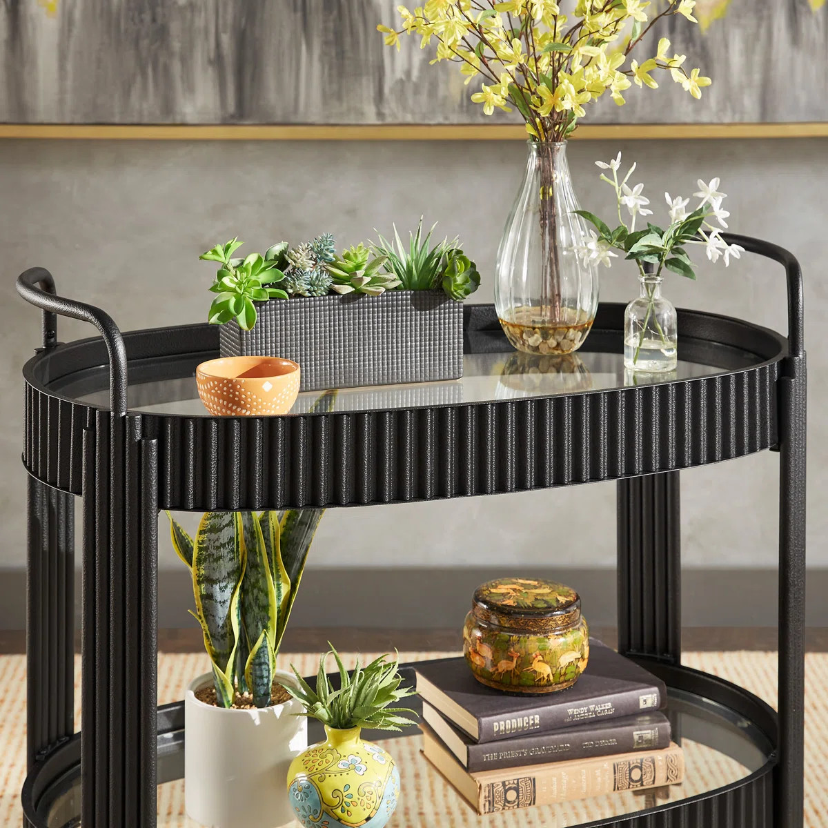 Mcmullen Black Finish Metal Oval Bar Cart With Clear Tempered Glass | Wayfair North America