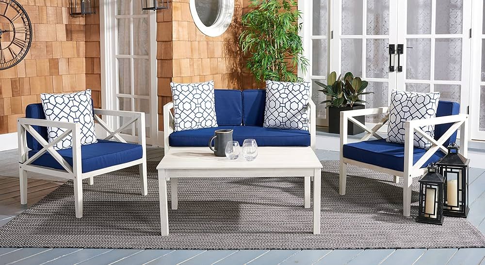 SAFAVIEH Outdoor Collection Nunzio Blue Cushion 4-Piece Conversation Patio Set with Accent PAT703... | Amazon (US)