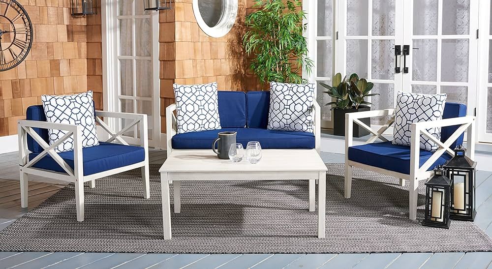 SAFAVIEH Outdoor Collection Nunzio Blue Cushion 4-Piece Conversation Patio Set with Accent PAT703... | Amazon (US)