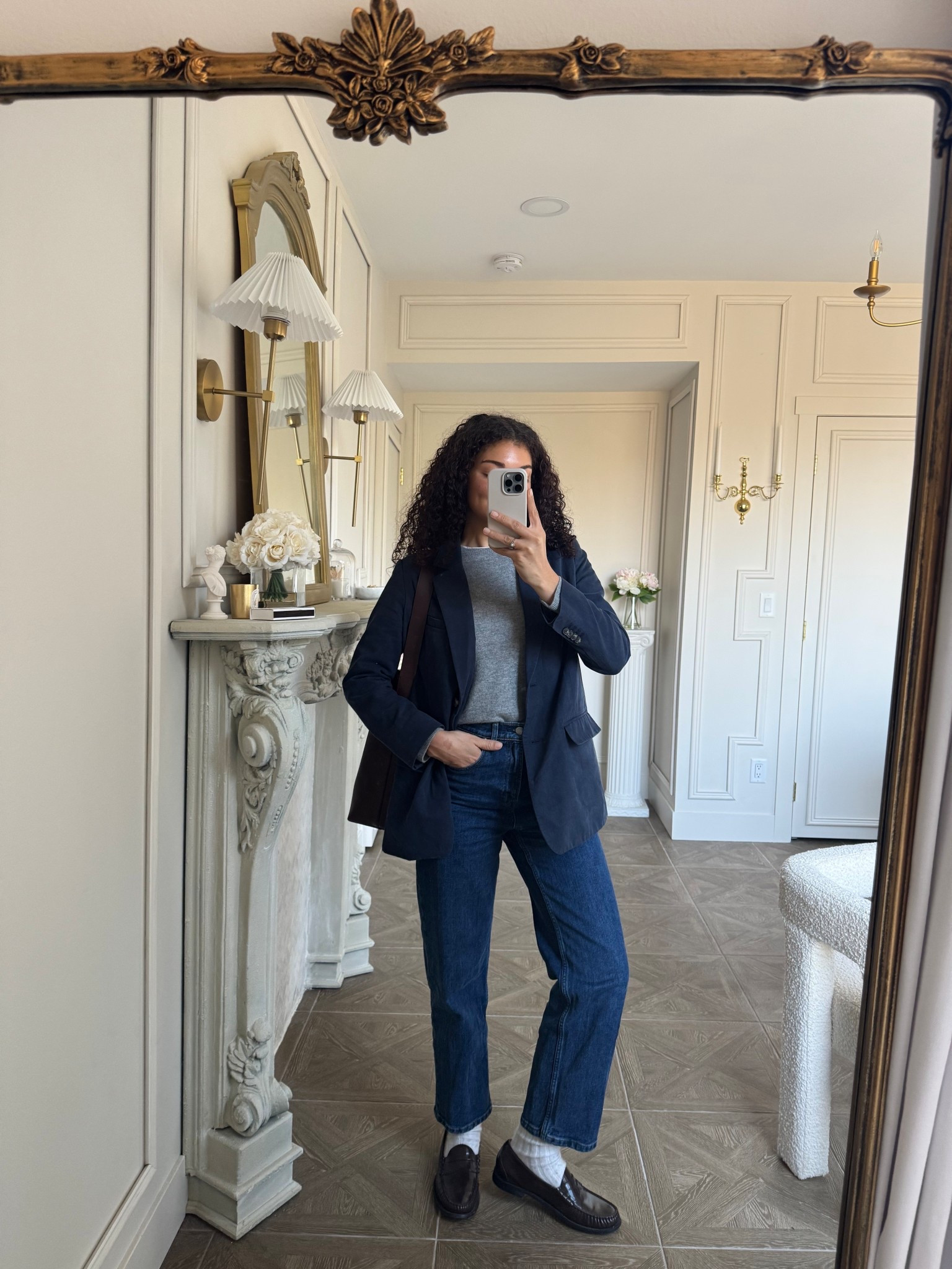 cashmere sweater, blazer, jeans, loafers, socks, tote bag 

#LTKootd