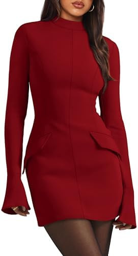OFEEFAN Women's Fall Long Sleeve Mock Neck Dress Basic Party Club Bodycon Mini Dresses | Amazon (US)