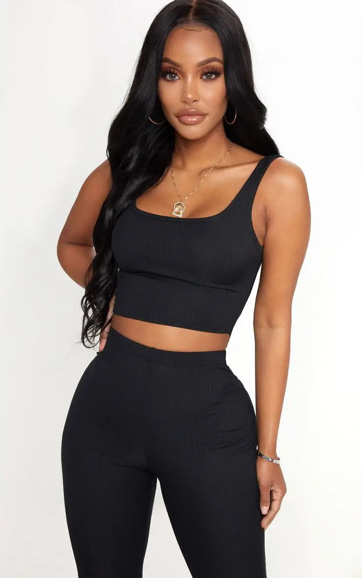 Shape Black Ribbed Scoop Neck Crop Top | PrettyLittleThing US