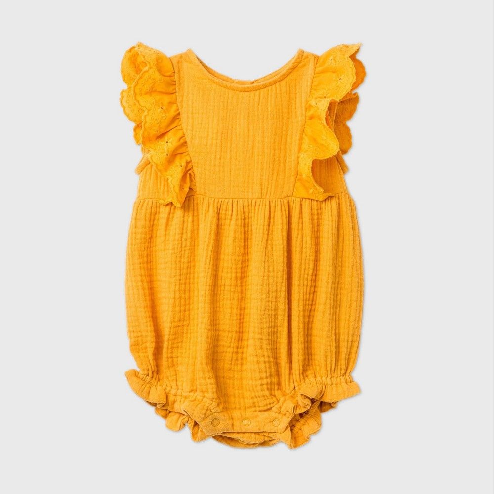 Baby Girls' Eyelet Ruffle Gauze Romper - Cat & Jack Gold 6-9M | Target