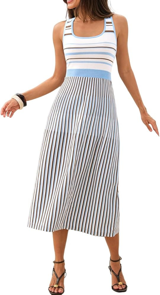 CUPSHE Women Backless Summer Dress Knit Square Neck Wide Strap High Waist Pleats Casual Skinny Va... | Amazon (US)