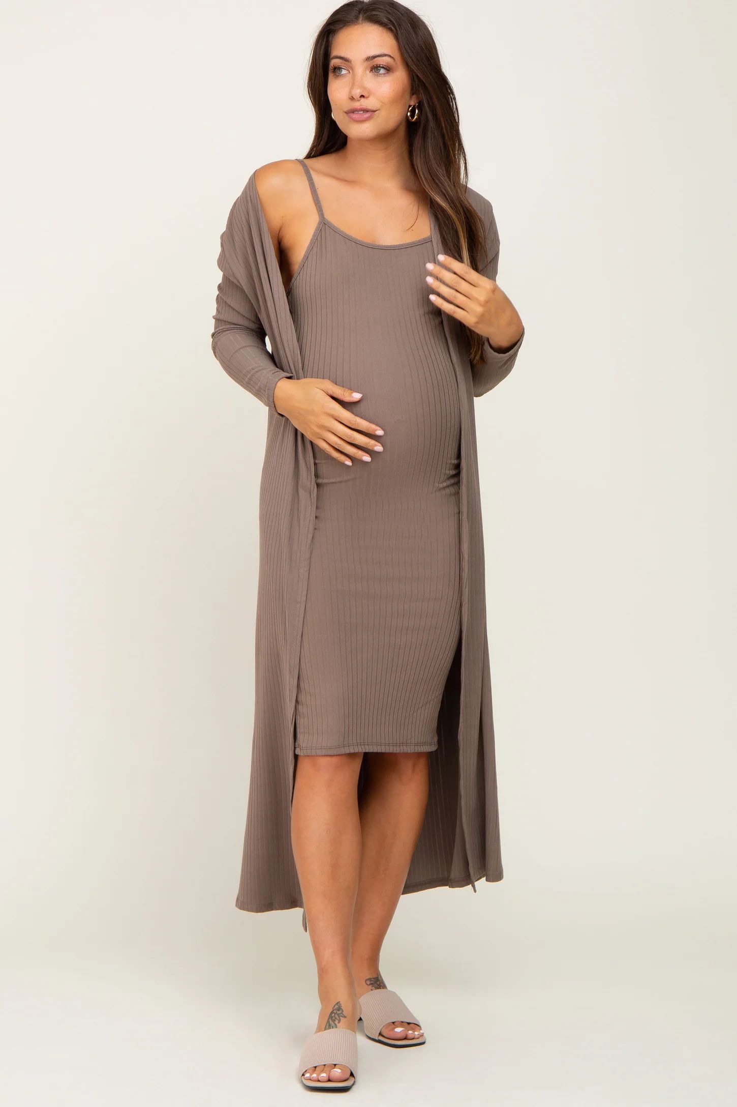 Taupe Ribbed Cardigan 2 Piece Maternity Set | PinkBlush Maternity